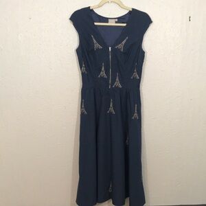 eShakti Navy Blue Eiffel Tower Embroidered A-Line Dress size S